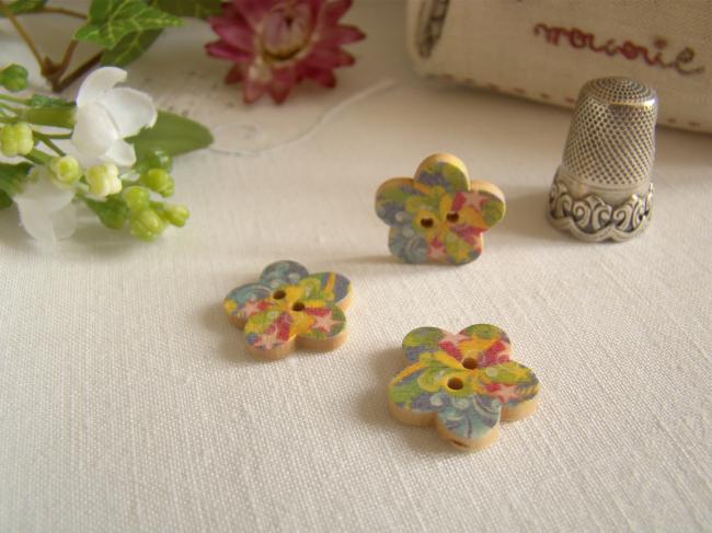 Adorable petit bouton en bois coloré en forme de fleur motif étoiles  Ø 17mm