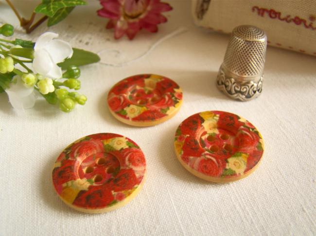 Adorable bouton en bois imprimé de roses rouges  Ø 25mm