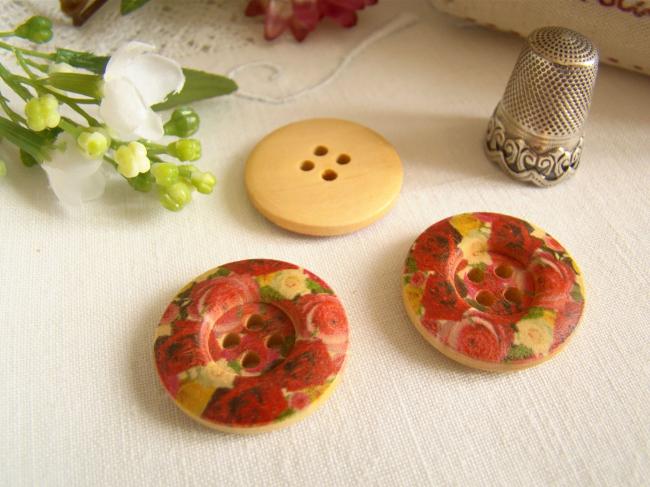 Adorable bouton en bois imprimé de roses rouges  Ø 25mm