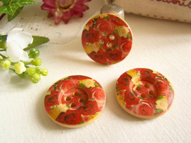 Adorable bouton en bois imprimé de roses rouges  Ø 25mm