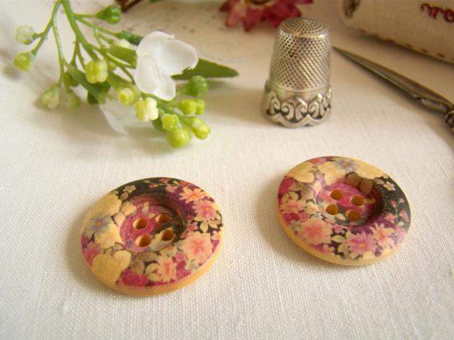 Adorable bouton en bois imprimé de fleurs liberty mauve et noir  Ø 25mm
