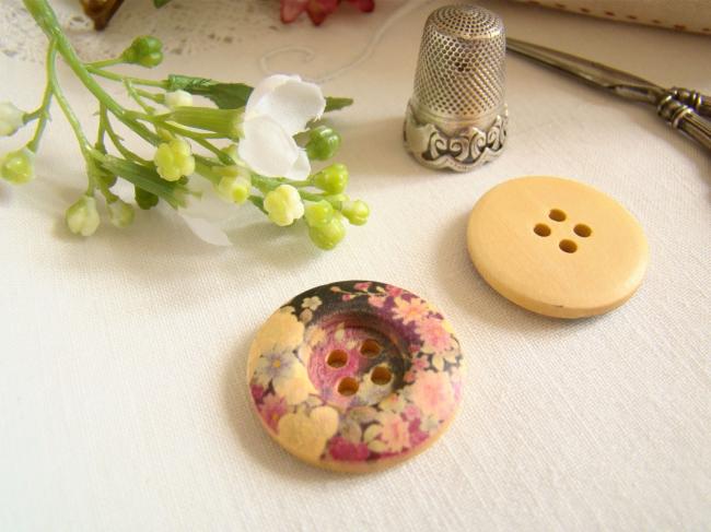 Adorable bouton en bois imprimé de fleurs liberty mauve et noir  Ø 25mm