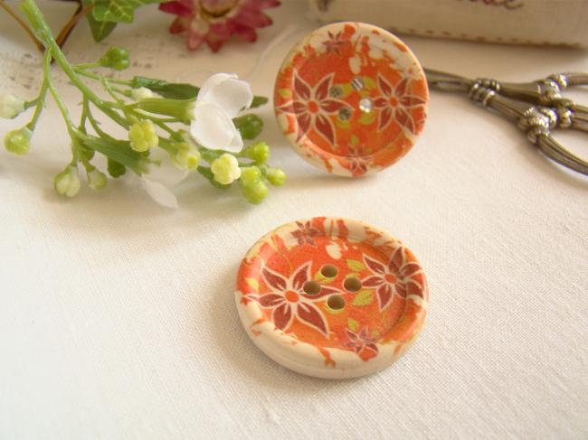 Adorable gros bouton en bois imprimé de fleurs couleur orange  Ø 30mm