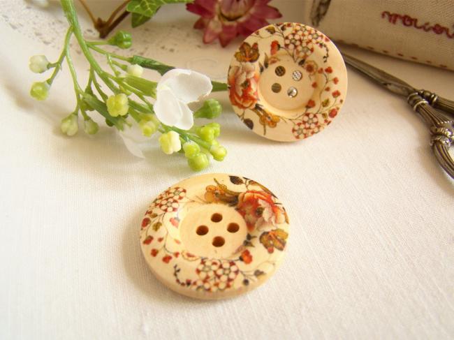 Très beau et gros bouton en bois imprimé de fleurs Liberty multicolores Ø 30mm