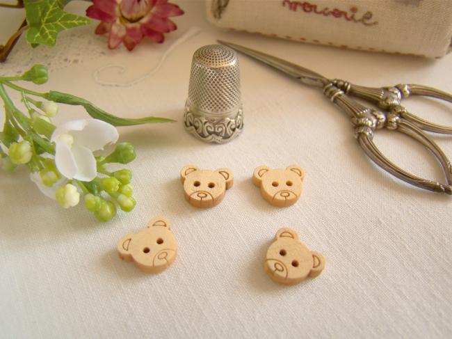 Très mignon petit bouton en bois naturel en forme de tête d'ourson Ø 13 x 11mm