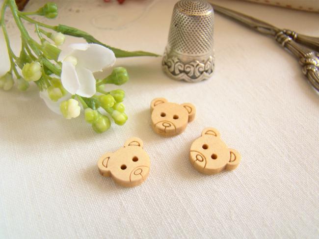 Très mignon petit bouton en bois naturel en forme de tête d'ourson Ø 13 x 11mm