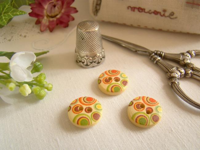 Adorable petit bouton en bois, motif petits ronds multicolores Ø 15mm