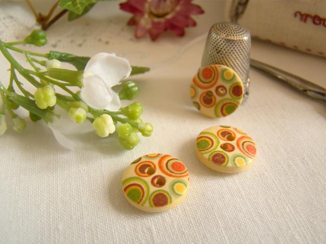 Adorable petit bouton en bois, motif petits ronds multicolores Ø 15mm