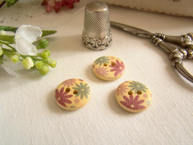 Adorable petit bouton en bois, motif marguerites multicolores Ø 15mm