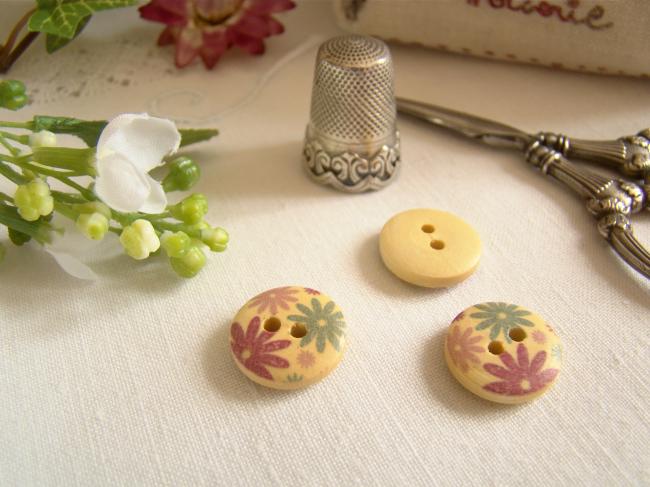 Adorable petit bouton en bois, motif marguerites multicolores Ø 15mm