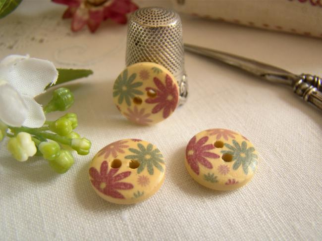 Adorable petit bouton en bois, motif marguerites multicolores Ø 15mm