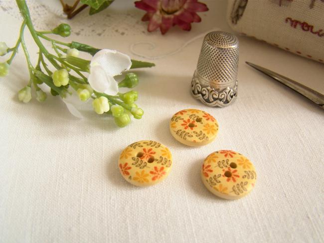 Adorable petit bouton en bois, motif marguerites et feuillage Ø 15mm