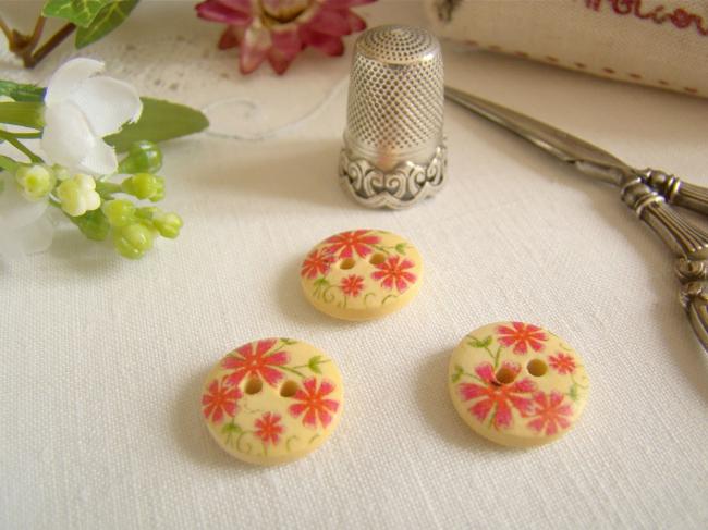 Adorable petit bouton en bois, motif fleurs rouges et feuillage Ø 15mm