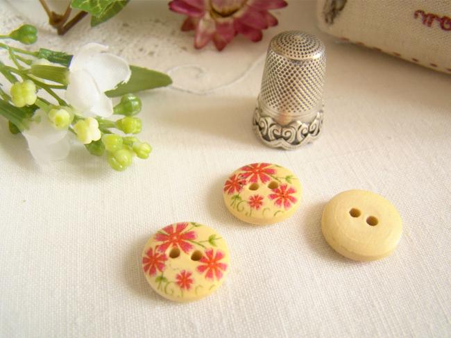 Adorable petit bouton en bois, motif fleurs rouges et feuillage Ø 15mm