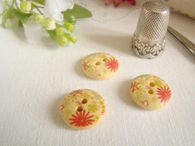 Adorable petit bouton en bois, motif fleurs pompons et feuillage Ø 15mm