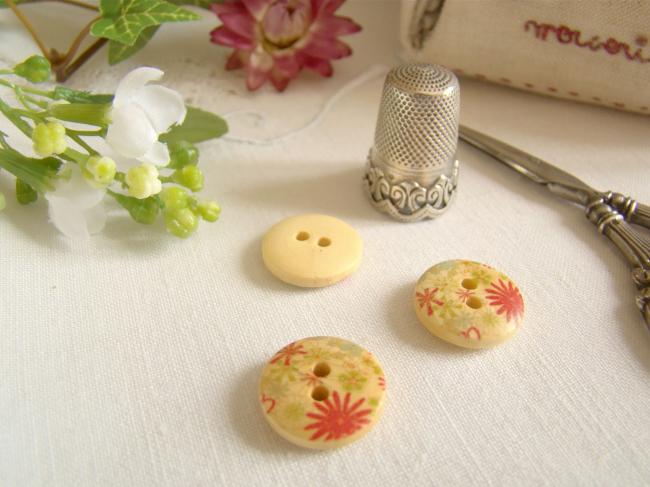 Adorable petit bouton en bois, motif fleurs pompons et feuillage Ø 15mm