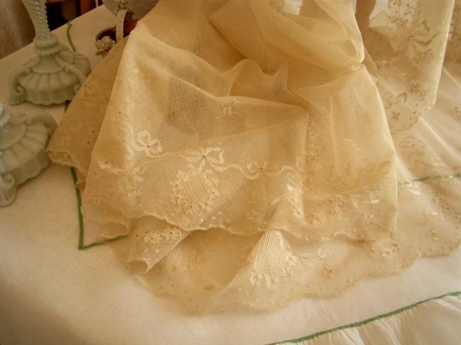 Somptueux volant en tulle rebrodé de rubans & fleurs en fil de soie 4,28m x 53cm