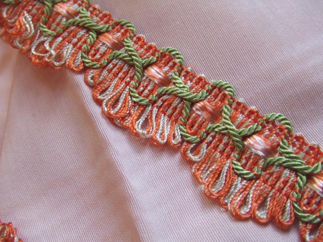 Superbe galon passementerie en giselle orange-blanc & lézarde vert tendre