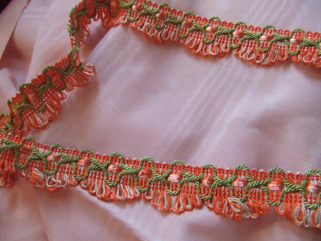 Superbe galon passementerie en giselle orange-blanc & lézarde vert tendre