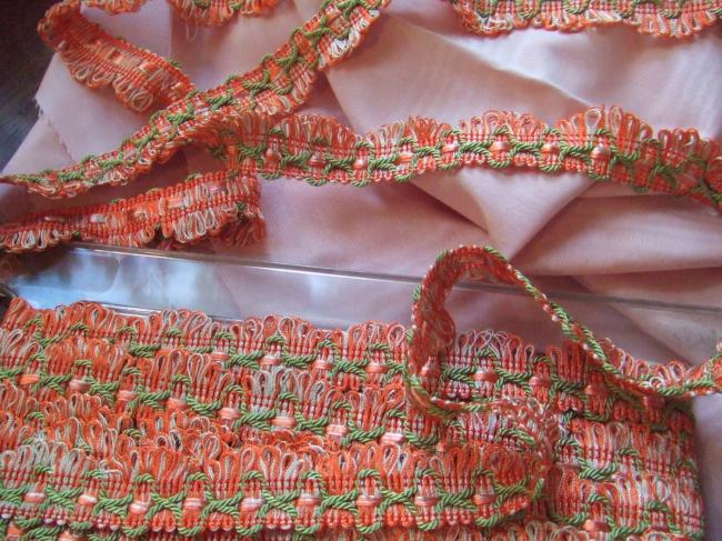 Superbe galon passementerie en giselle orange-blanc & lézarde vert tendre