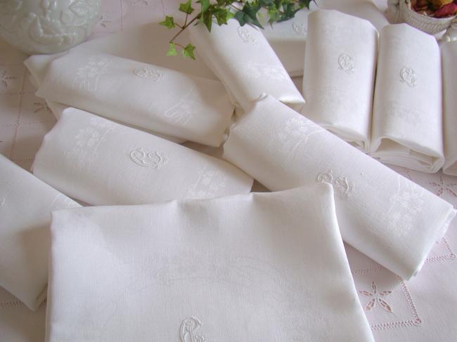 Superb set of 12 large napkins in  Art Nouveau silk and linen damask 1900