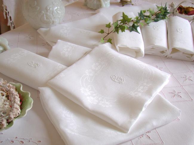 Superb set of 12 large napkins in  Art Nouveau silk and linen damask 1900