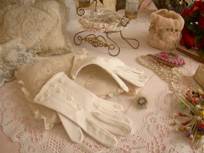 Romantic pair of bridal gloves with hand-embroidered beads, 1950