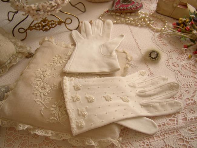 Romantic pair of bridal gloves with hand-embroidered beads, 1950