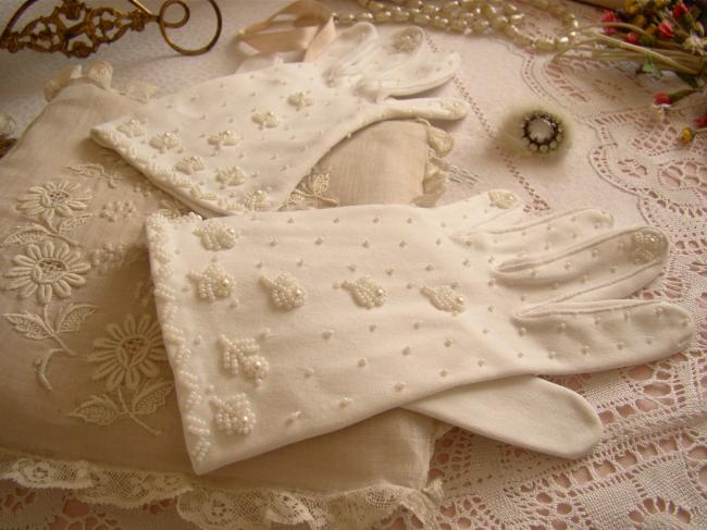 Romantic pair of bridal gloves with hand-embroidered beads, 1950