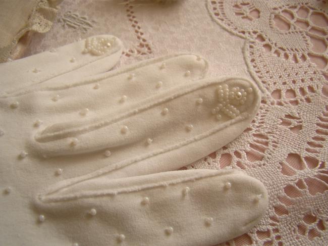 Romantic pair of bridal gloves with hand-embroidered beads, 1950