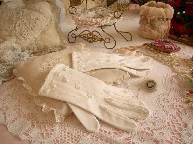 Romantic pair of bridal gloves with hand-embroidered beads, 1950