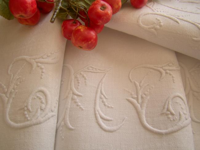 Superb set of 10 large napkins in linen damask with Fruits of autumn, mono MC