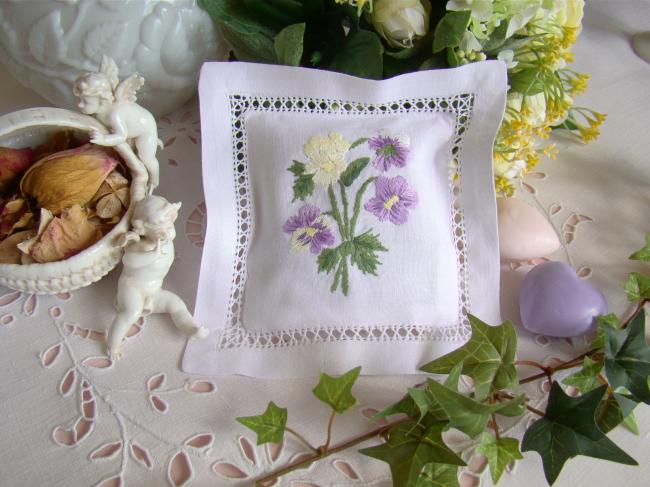 Adorable lavender sachet with hand-embroidered bouquet of pansies