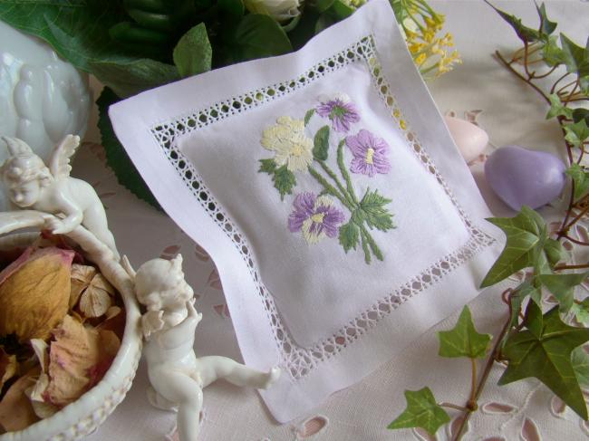 Adorable lavender sachet with hand-embroidered bouquet of pansies