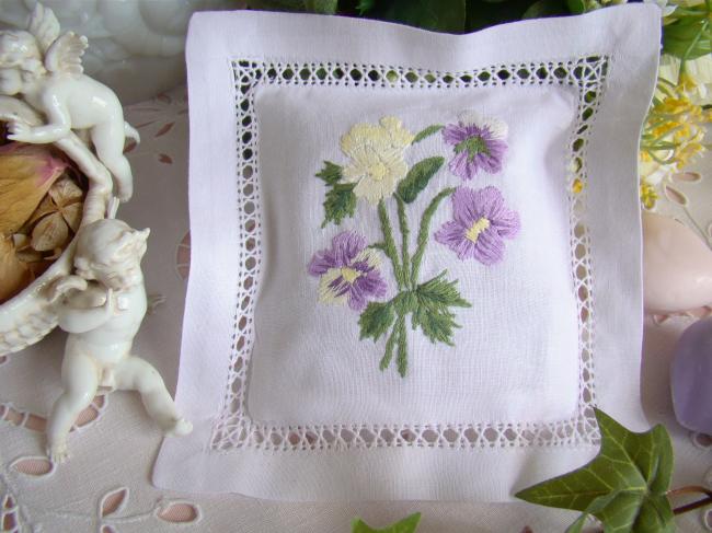 Adorable lavender sachet with hand-embroidered bouquet of pansies