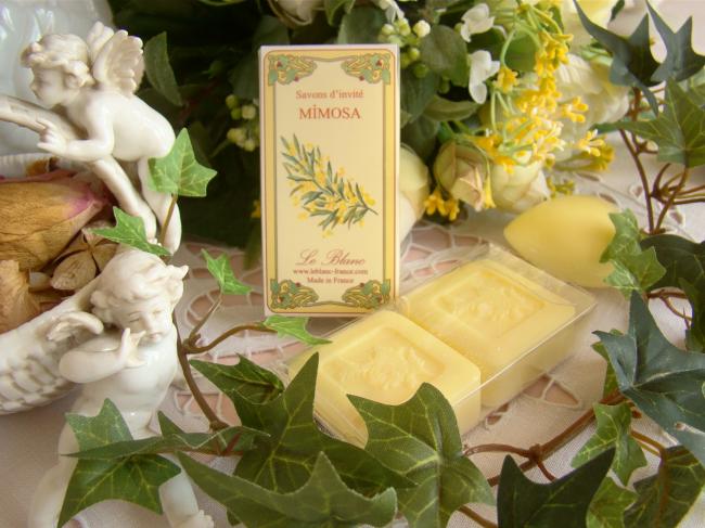 Lovely box with 2 small soaps in mimosa fragance, 2 x 25grs