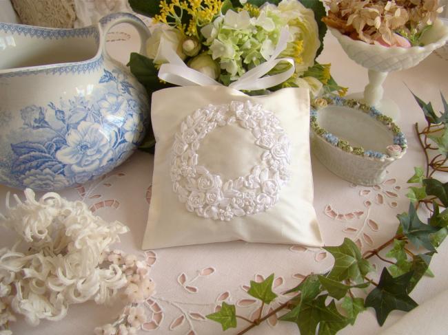 Luxureous silk lavander sachet with hand-embroidered ribbon flowers crown white