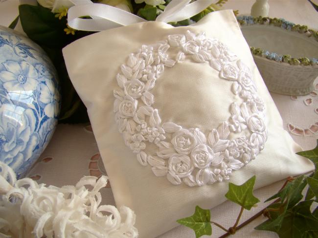 Luxureous silk lavander sachet with hand-embroidered ribbon flowers crown white