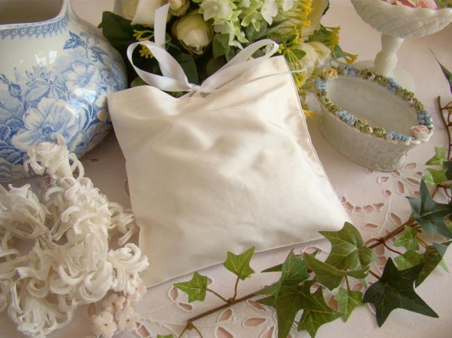 Luxureous silk lavander sachet with hand-embroidered ribbon flowers crown white
