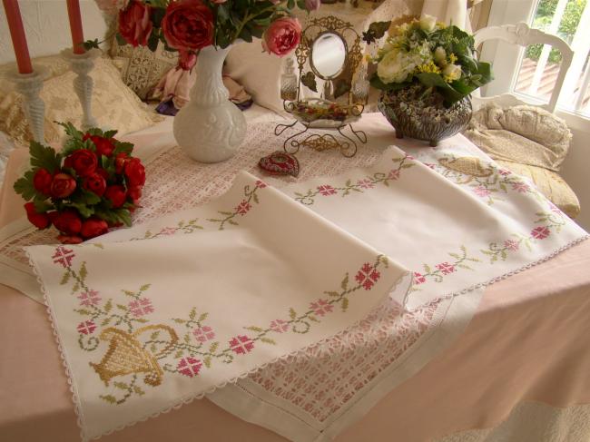 Sweet vintage table runner with hand embroidered baskets of flowers