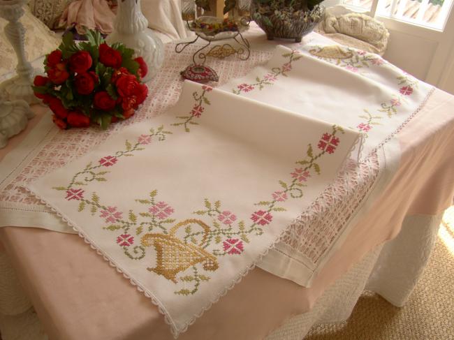 Sweet vintage table runner with hand embroidered baskets of flowers