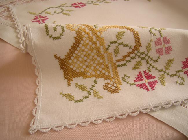 Sweet vintage table runner with hand embroidered baskets of flowers