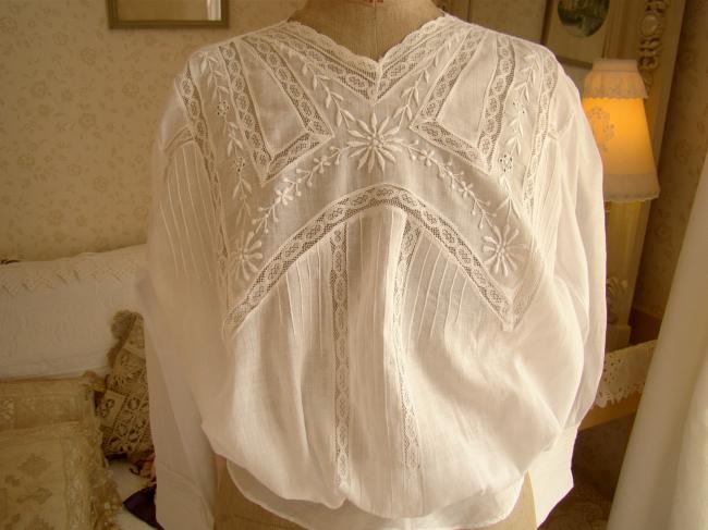 Superbe chemisier blouse broderie blanche & dentelle de Valenciennes époque 1900