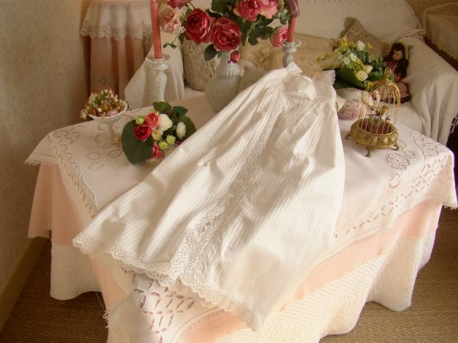 Superb long christening baby dress in damask with broderie anglaise 1930