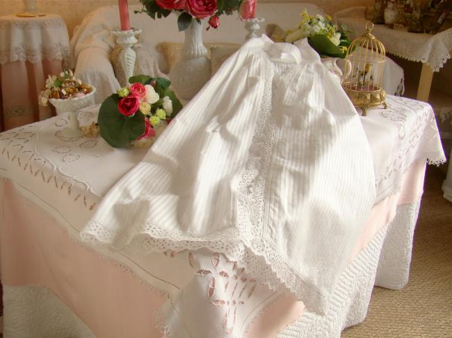 Superb long christening baby dress in damask with broderie anglaise 1930