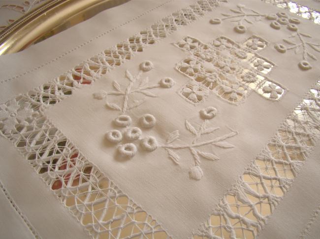 Wonderful Tenerife drawn thread table centre 1900