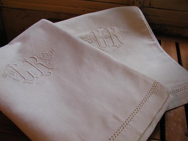 A pair of sheets with embroidered monogramm LR
