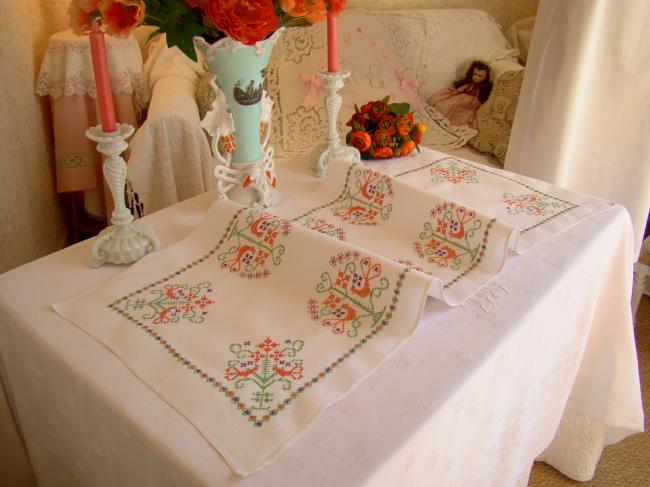 Lovely bright vintage table runner with hand embroidered in cross stitch
