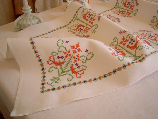 Lovely bright vintage table runner with hand embroidered in cross stitch
