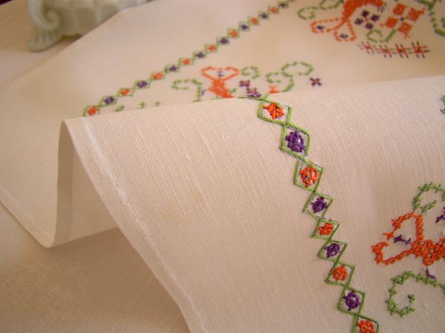 Lovely bright vintage table runner with hand embroidered in cross stitch